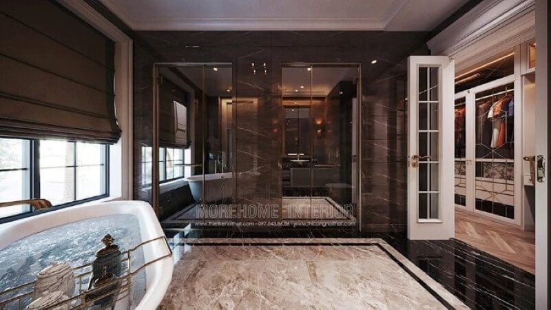 Trang trí nội thất phòng tắm có bồn đẹp, sang trọng.