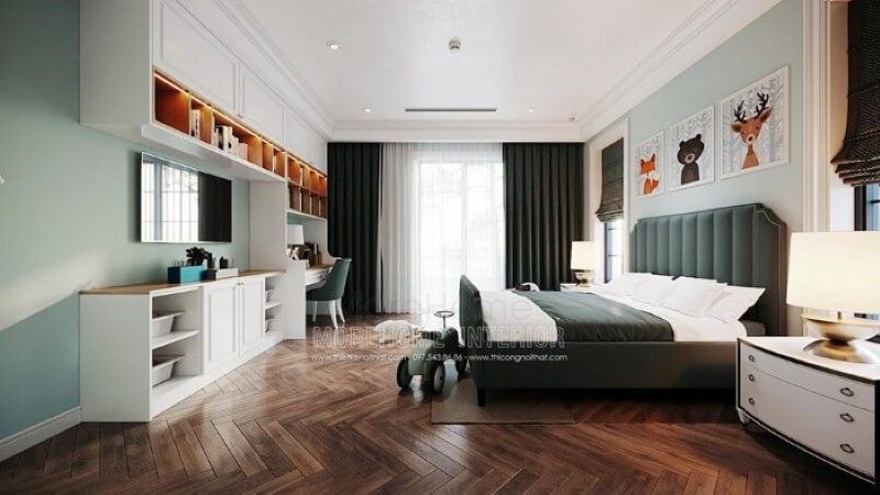 Bàn học liền kệ tivi, kệ trang trí đẹp cho phòng con.