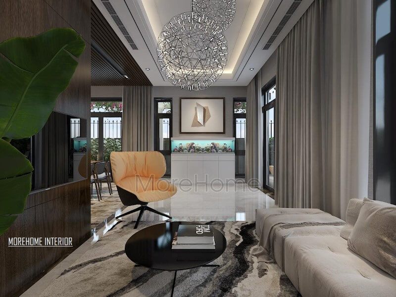 Thiết kế nội thất phòng khách hiện đại tinh tế với bể cá phong thủy.