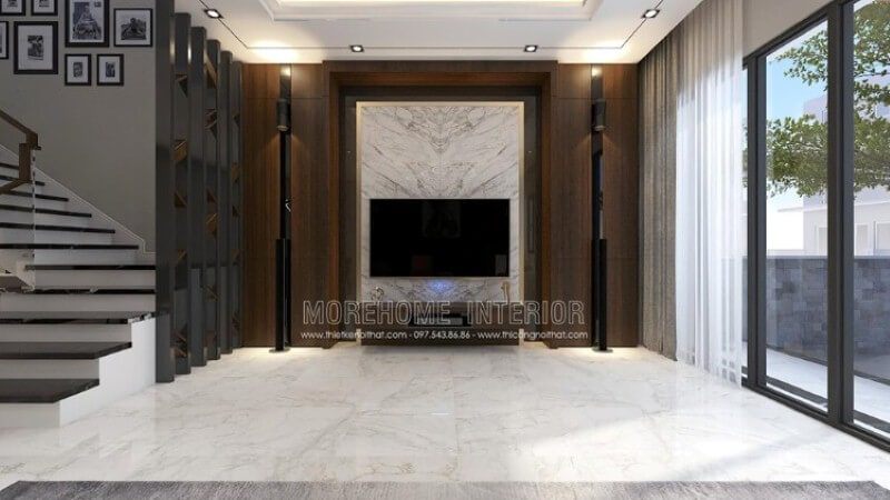 Thiết kế phòng khách với đá ốp tường đối vân màu trắng kết hợp với gỗ ốp tường trang trí đẹp mắt, ấn tượng cho nhà phố, biệt thự cao cấp.