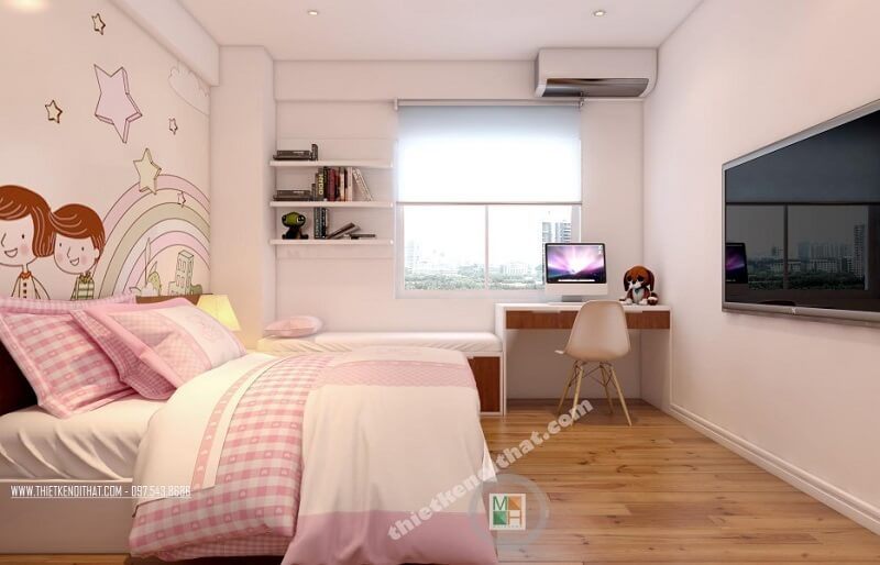 Thiết kế phòng ngủ trẻ em hiện đại có màu hồng và đồ nội thất tiện lợi và gọn nhỏ.