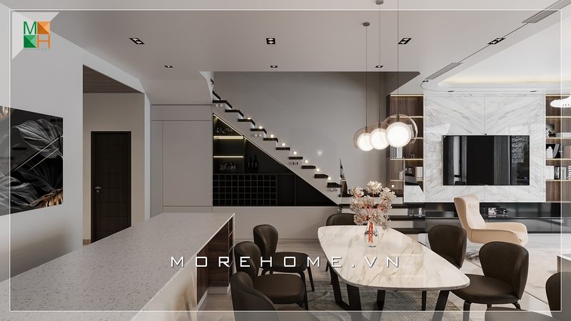 Mẫu đèn hình tròn treo phòng ăn làm tăng sự sang trọng cho không gian sinh hoạt bằng cách tạo nên một phong cách độc đáo.